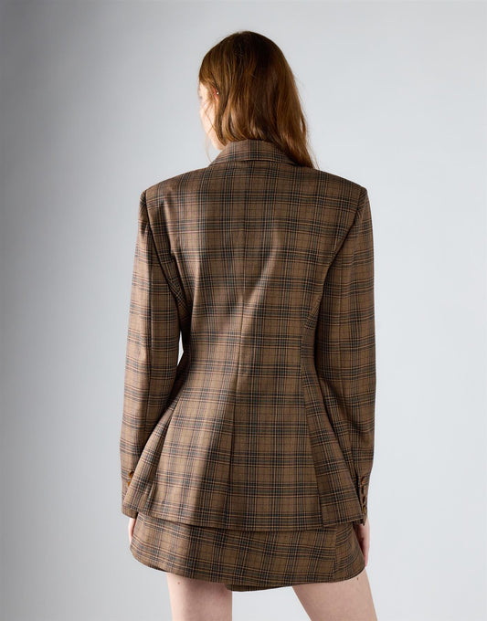 Brown Multi Check Button Front Blazer
