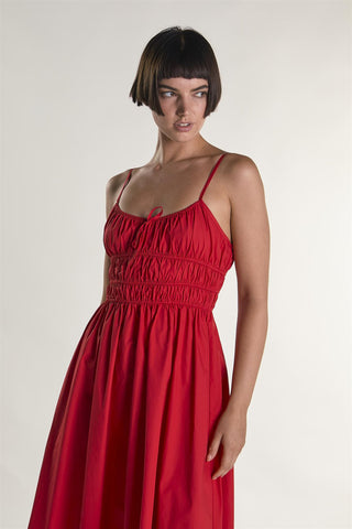 Red Elastic Waist Spaghetti Strap Midi Dress