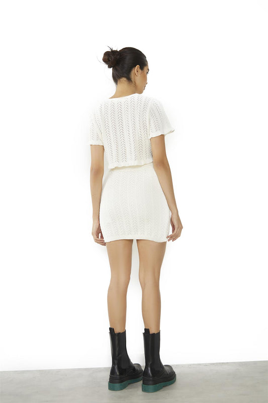 Cream Open-Knit-Lettuce-Trim Crop-Top