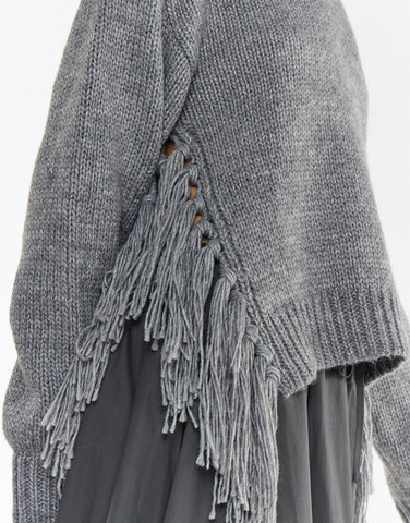 Grey Marl Fringe Trim Crew-Neck Jumper