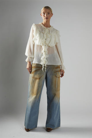 Cream Button-Front-Ruffle Blouse
