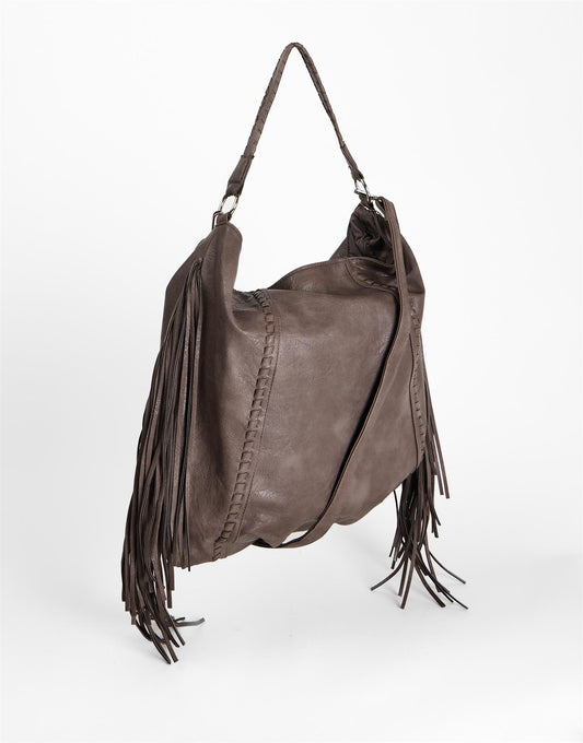 Brown Fringe Whipstitch Hobo Bag