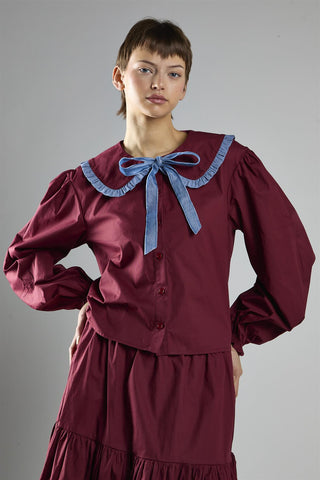 Burgundy-Blue Tie-Collar Blouse