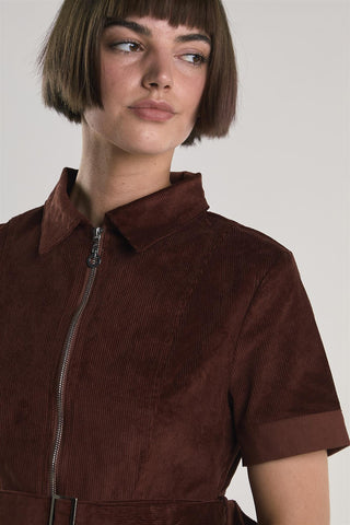 Rust-Corduroy Half-Sleeve Mini-Dress