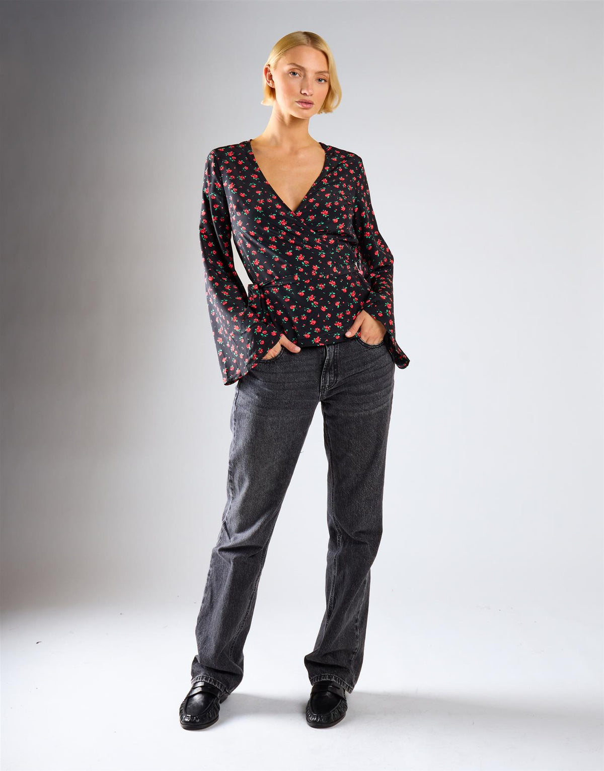 Black Red Roses Wrap Tie Waist Top