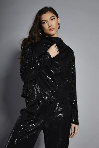Black Sequin High-Neck Long Sleeve Blouse