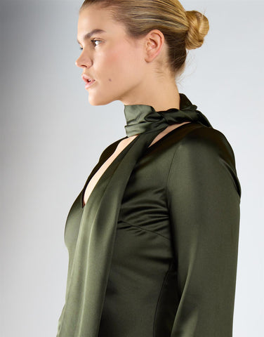 Deep Khaki Long-Sleeves Scarf Detail Mini Dress