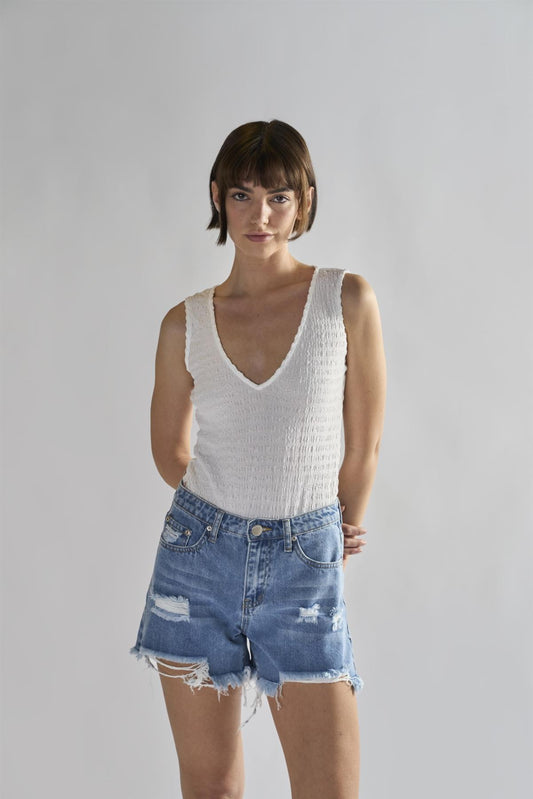 Authentic Mid Blue Ripped Denim Shorts