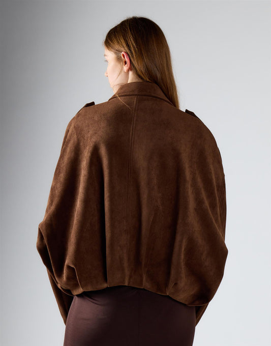 Brown Suedette Boxy Collared Jacket