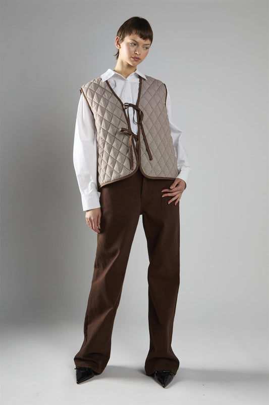Brown Cream Gingham Quilted Front Tie Gilet