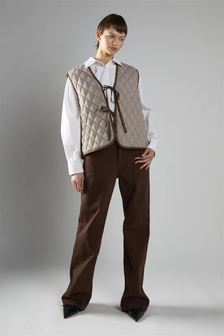 Brown Cream Gingham Quilted Front Tie Gilet