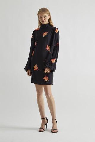 Black-Orange Flowers High-Neck Mini-Dress