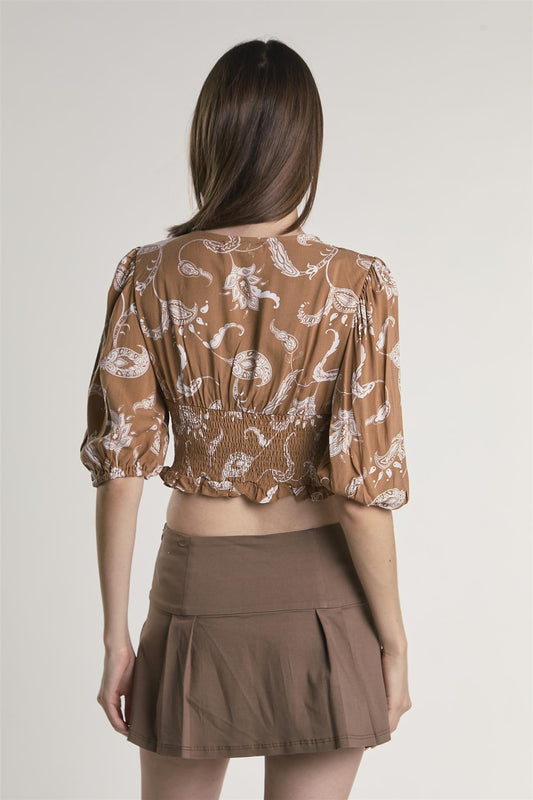 Brown Paisley Puff Sleeve V Neck Crop Top
