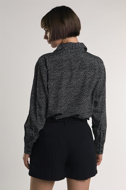 Miniature-Heart-Print Button-Front Long Sleeve-Top