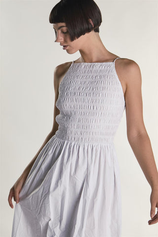 White Shirring Body Boat Neck Maxi Dress