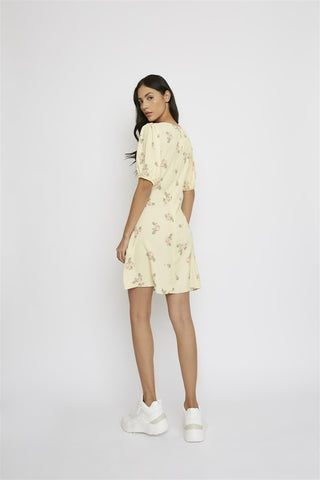 Yellow-Pink-Rose Short-Puff-Sleeve-Front-Knot Mini-Dress