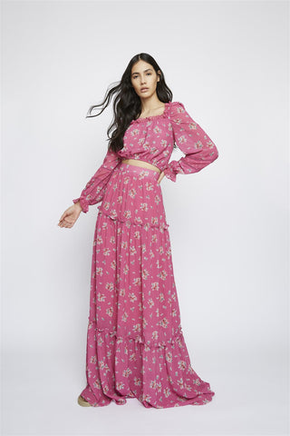 Pink Floral Square Frill Neck Crop Top