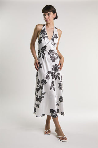 White Brown Floral Halter Neck Midaxi Dress