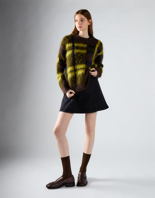 Khaki Check Round Neck Jumper
