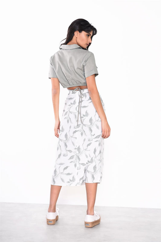 Soft-Sage-Floral High-Waisted Midi-Skirt