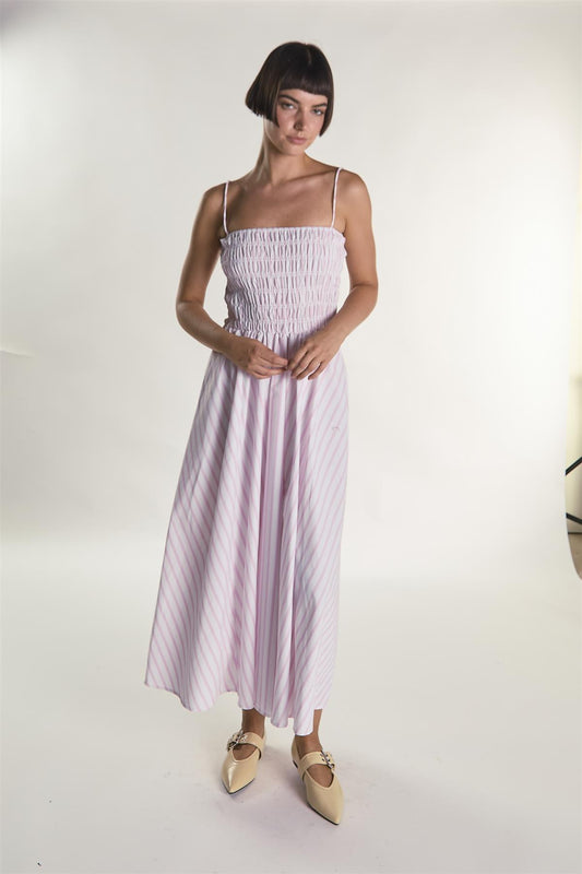 White Pink Stripe Strappy Shirring Maxi Dress