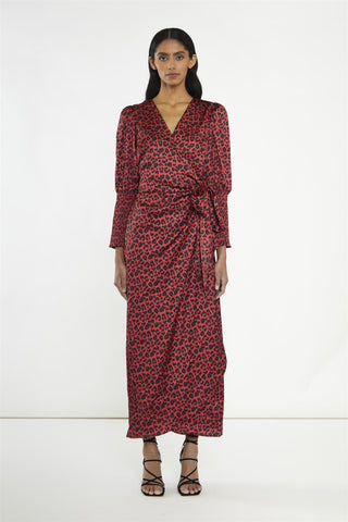 Red-Black Animal Wrap Midi-Dress