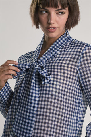 Navy/White-Gingham Front-Tie Long-Sleeve-Top