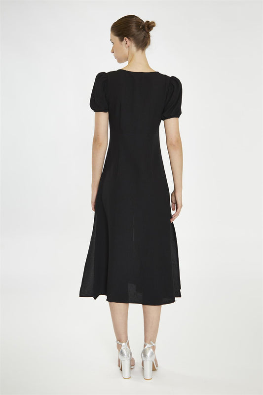 V-Neck Puff Sleeve Midi Dress - Black