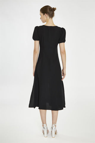 V-Neck Puff Sleeve Midi Dress - Black