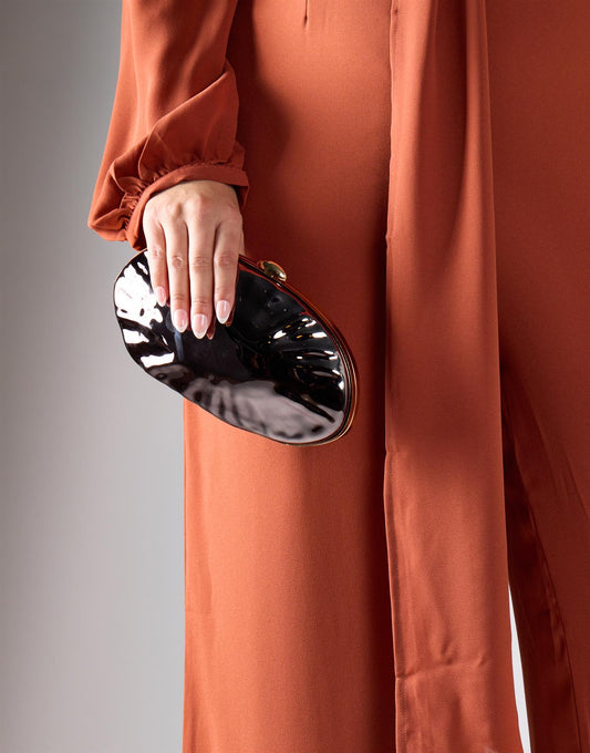 Shiny Clutch With Gold Detail - Brown