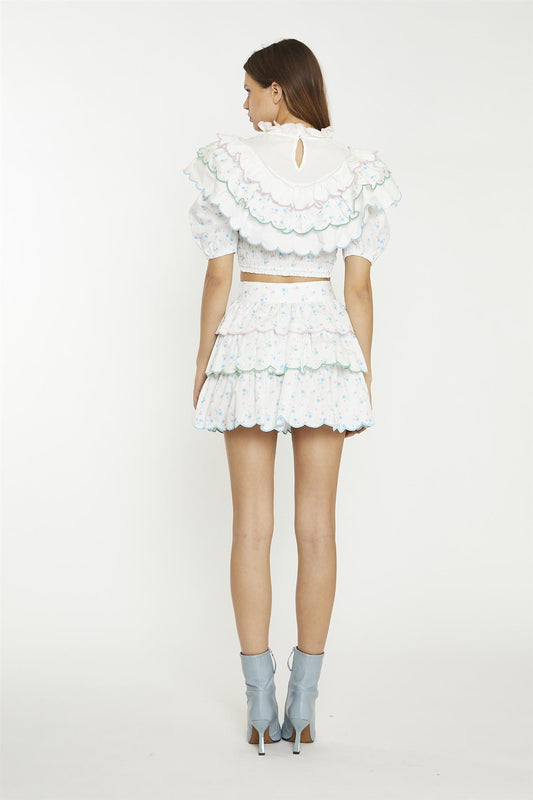 White Blue Pink Ditsy Extreme Ruffle Crop-Top