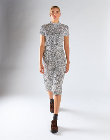 Silver Sequin Short-Sleeves High-Neck Midi Dress
