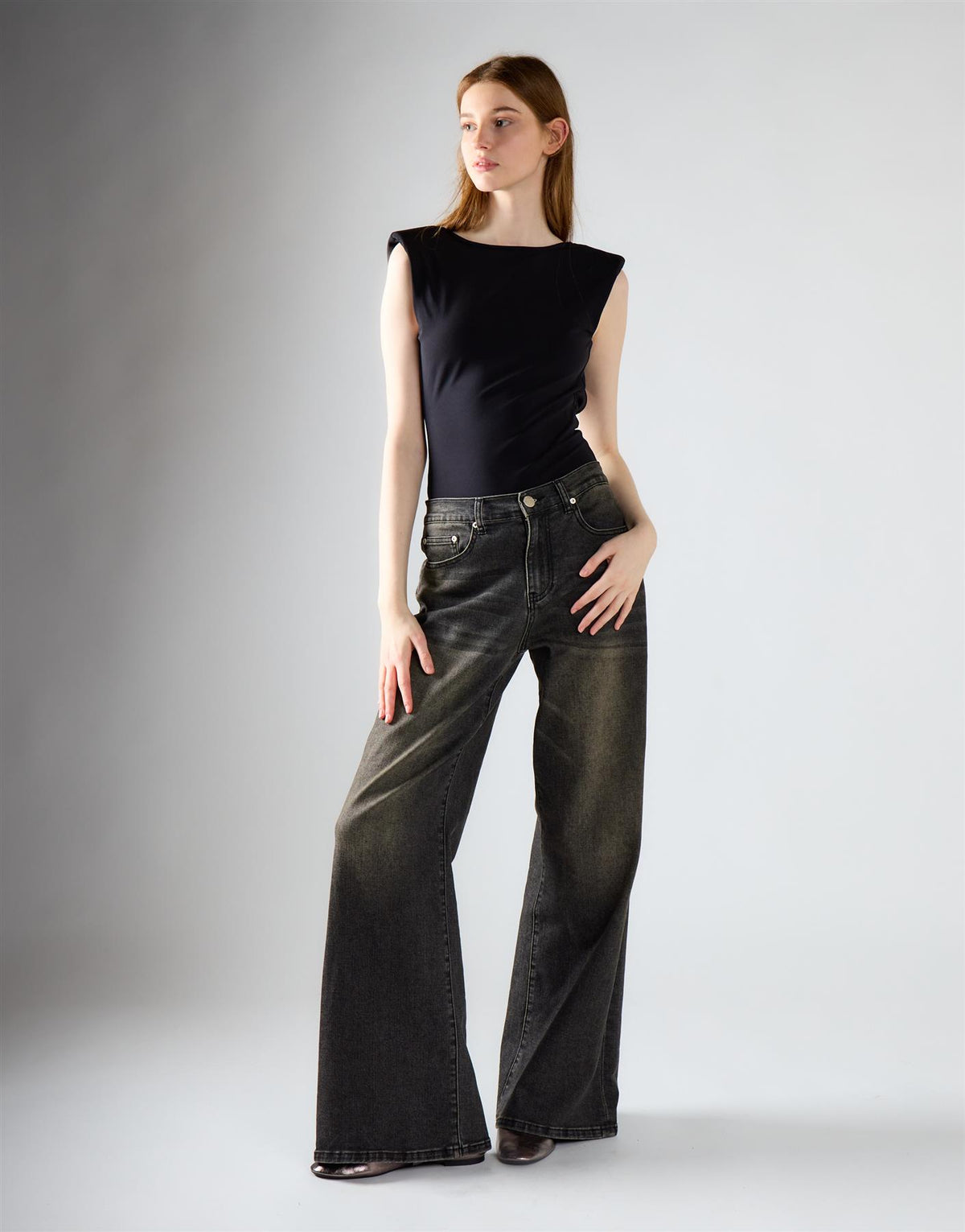 Black Vintage Wash Flared Leg High Rise Jeans