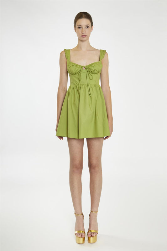 Leaf-Green Gathered-Bust Mini-Dress