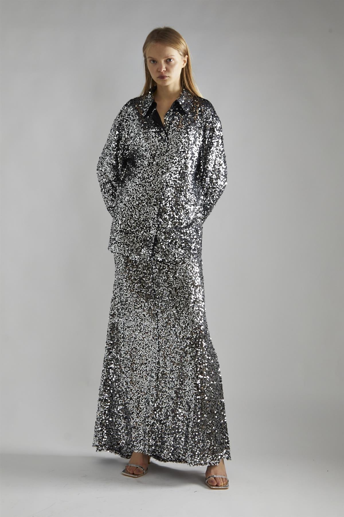 Black-Silver Sequin Loose-Fit Shirt