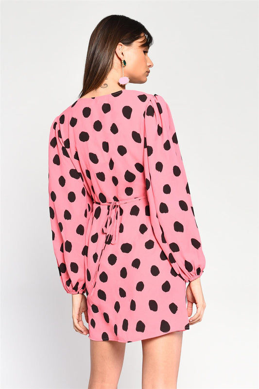 Pink Black Messy Spot V-Neck Mini-Dress