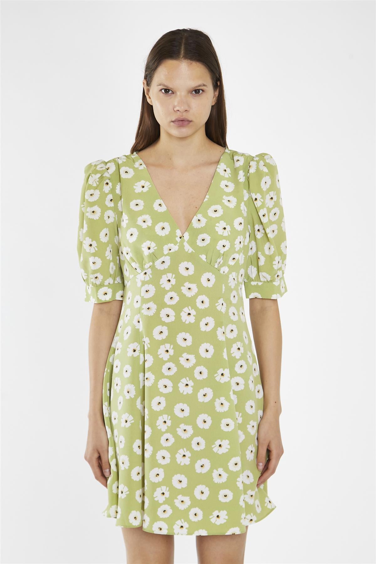 Shift Short Dress - Olive Green Flower