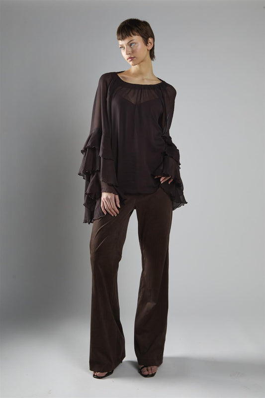 Deep Brown Multi Ruffle Long Sleeve Top