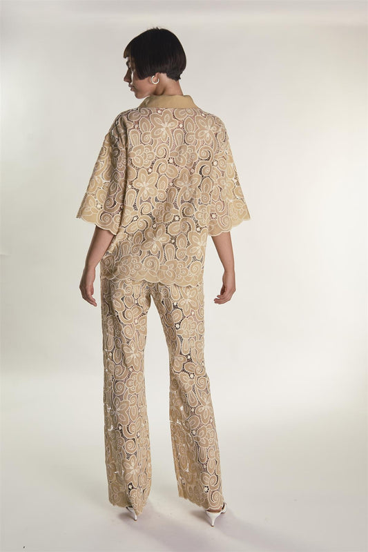 Sand Embroidered High Waisted Flared Trousers