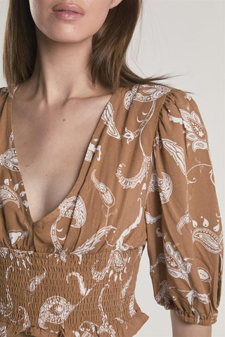 Brown Paisley Puff Sleeve V Neck Crop Top