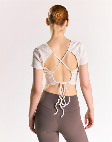 Off White Rib Open Tie Back Crop Top