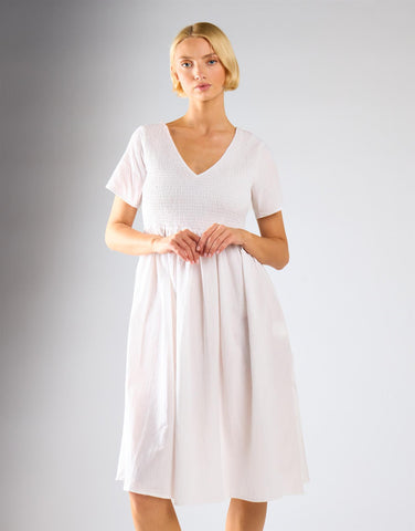 Short Sleeve V-neck Midi Dress - White