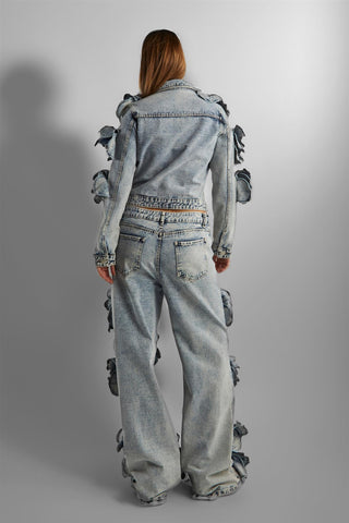 unique acid wash denim outfit with 3d floral embellishments