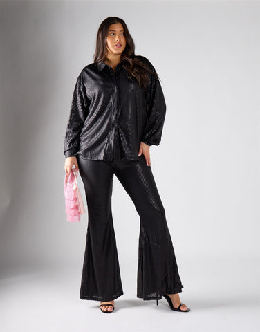 Glamorous Curve Black Sequin Wide Leg Trousers