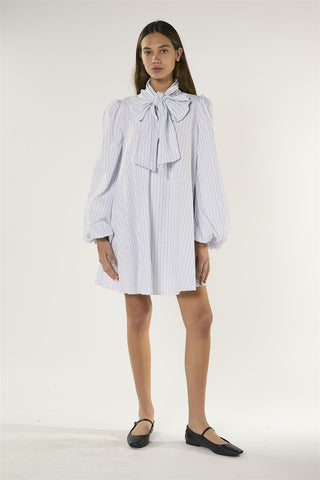 White Blue Stripe Bow Mini Dress