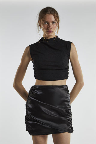 Black-Shimmer Ruched Mini-Skirt