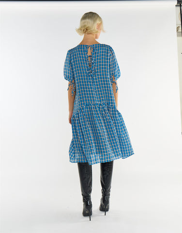 Puff Sleeves Tiered Midi Dress - Blue Multi Check