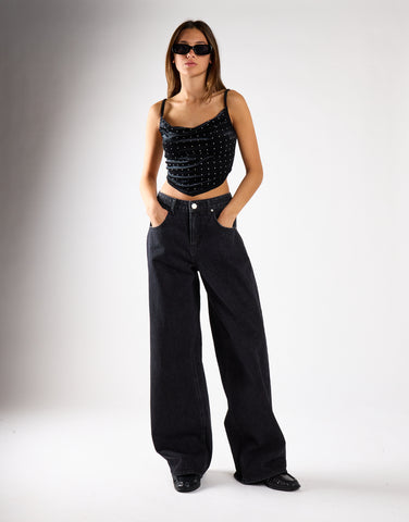 Glamorous Black Diamante Velvet Cowl Neck Cami Top with Cropped Dipped Hem
