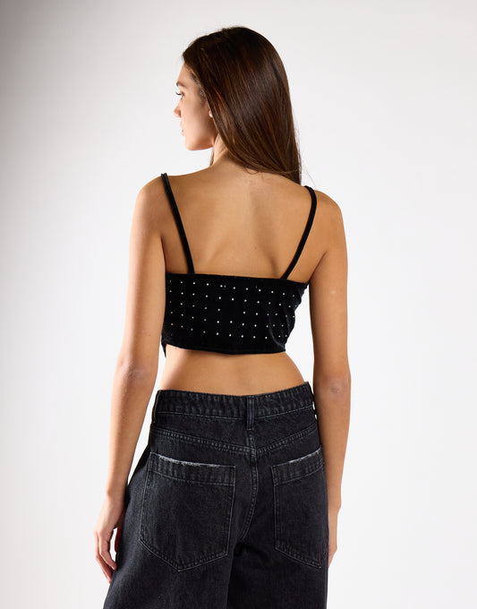 Glamorous Black Diamante Velvet Cowl Neck Cami Top with Cropped Dipped Hem