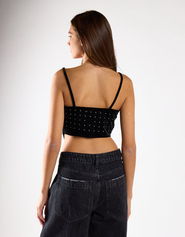 Glamorous Black Diamante Velvet Cowl Neck Cami Top with Cropped Dipped Hem